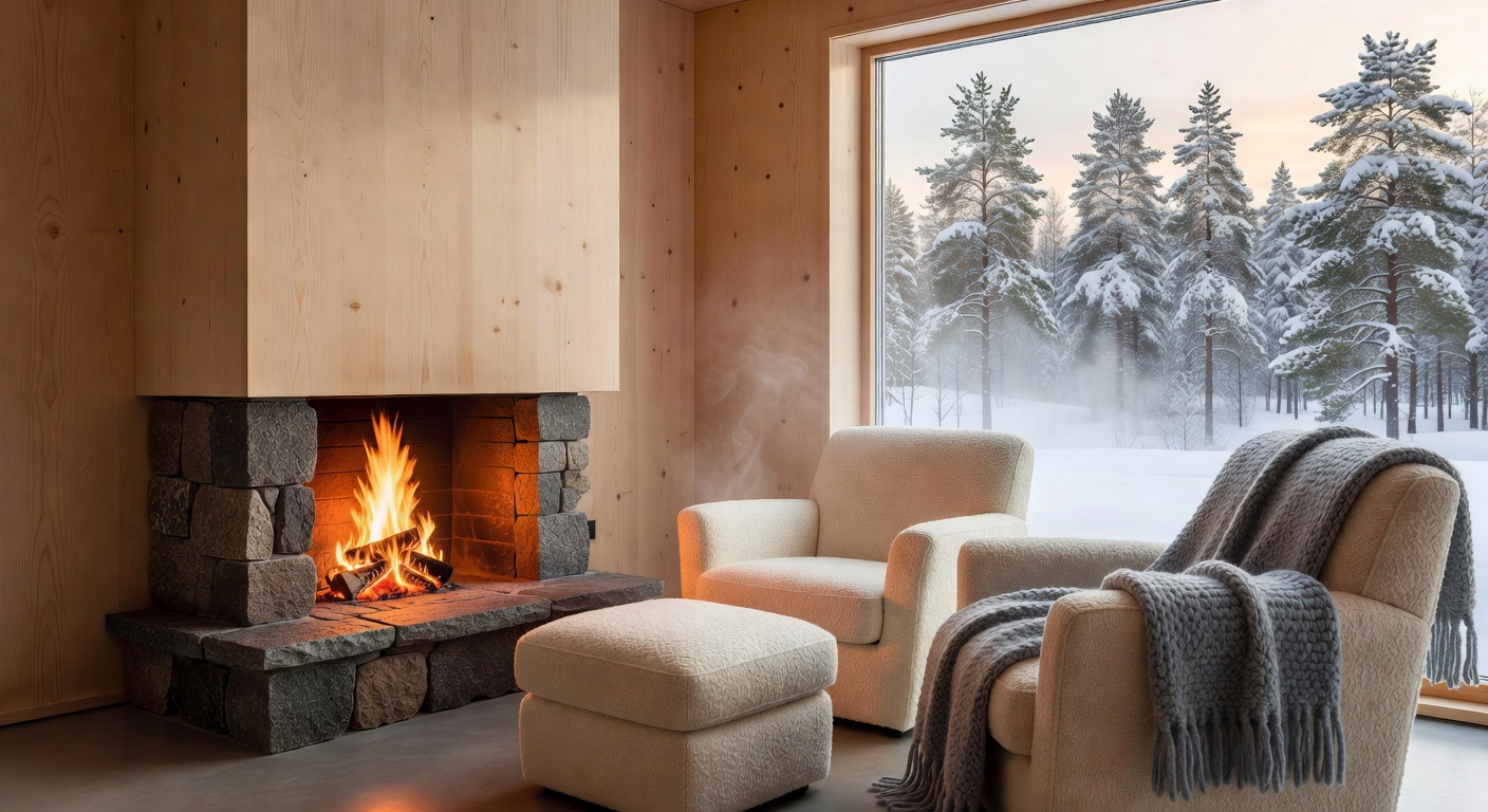Cozy fireplace inside a luxury Nordic hotel