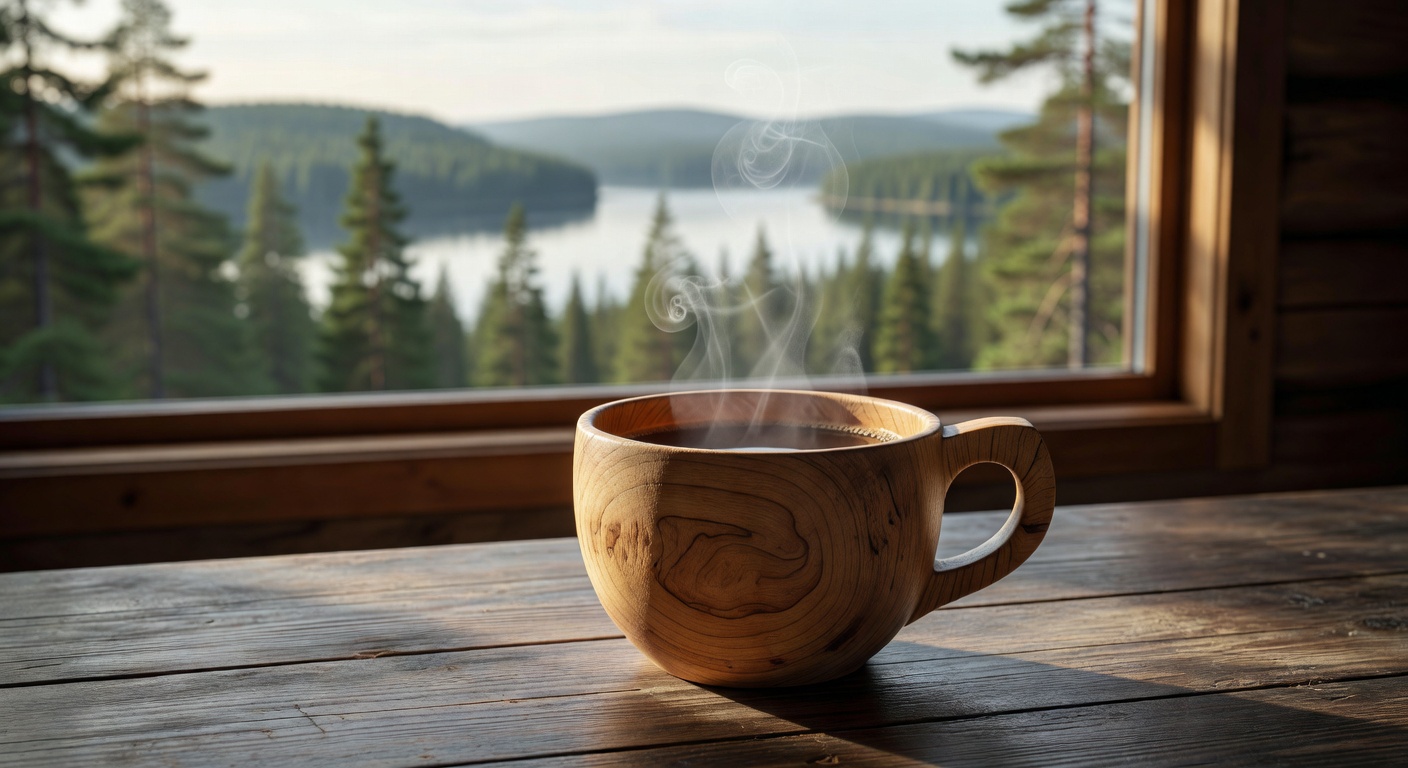 Hot coffee served in traditional wooden kuksa cup