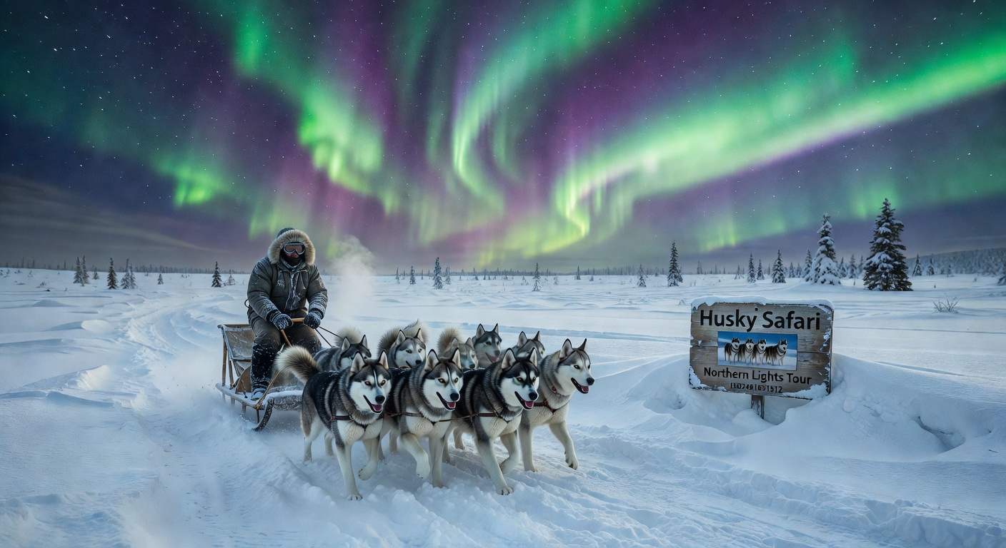 Husky sledding adventure in snowy winter landscape