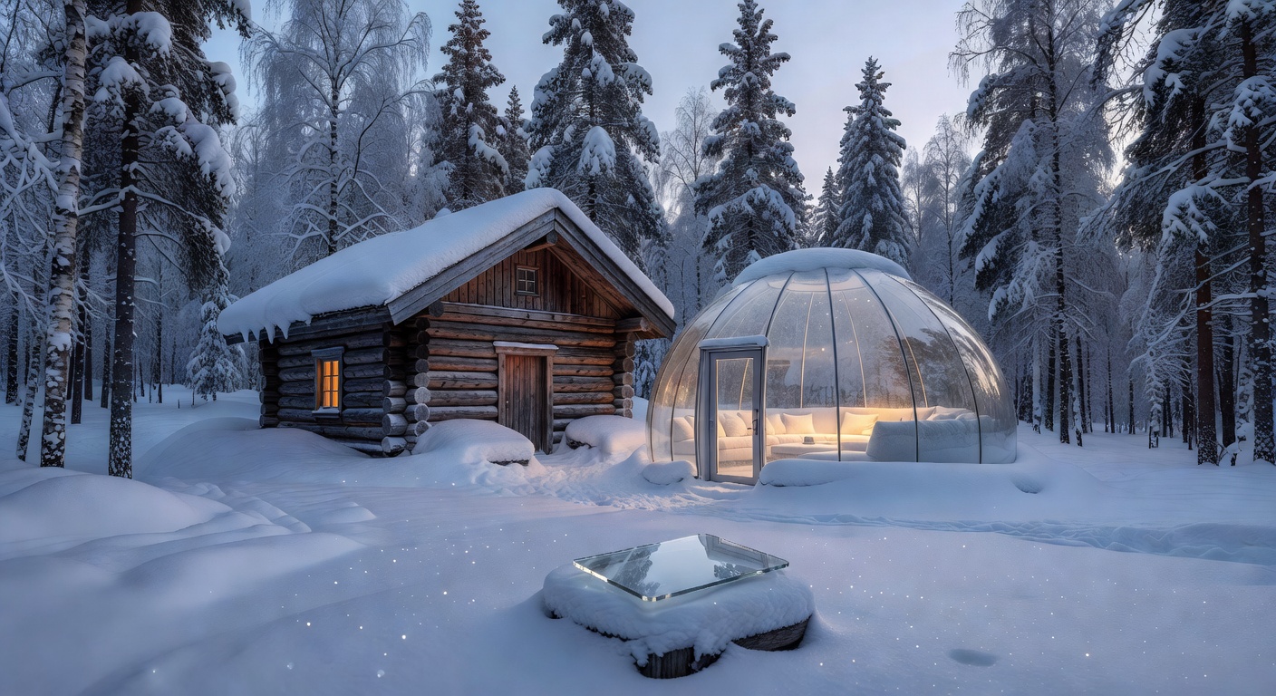 Luxury wooden cabin nestled in a snowy Finnish forest