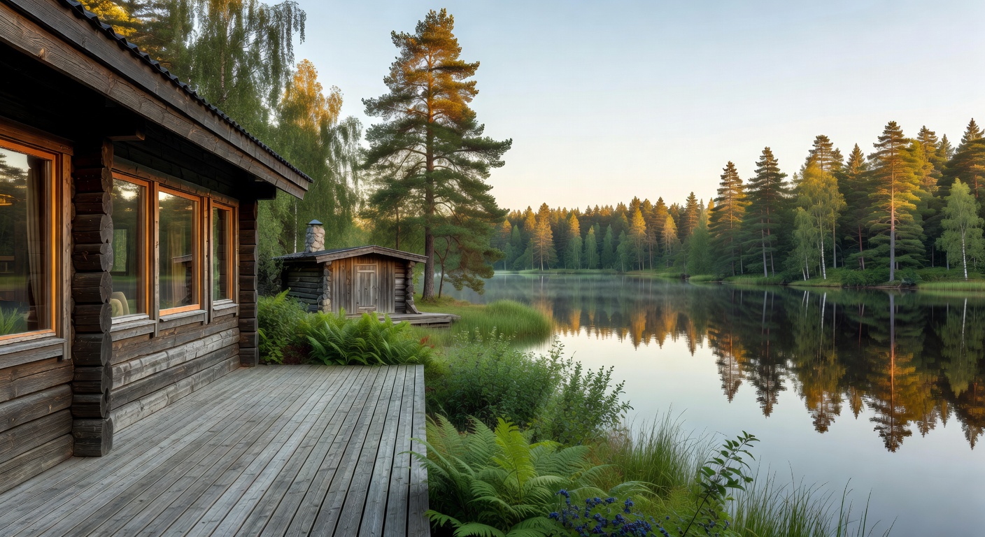 Peaceful lakefront view from a Finnish summer cabin